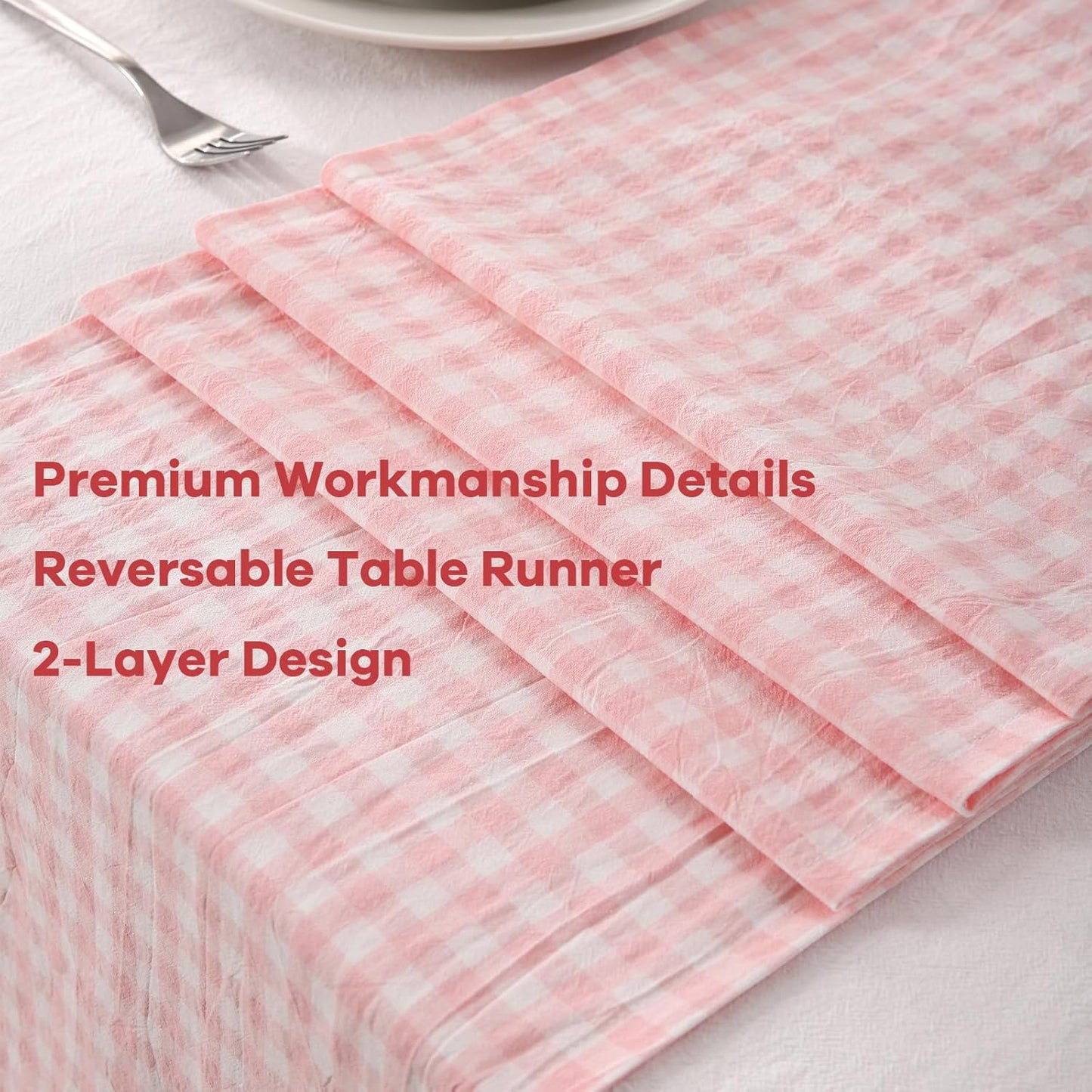 Peachy Blush White Plaid Gingham Ruffle Table Runner 72 inches Long 100% Washed Cotton Decorative Farmhouse Cabinet Cover (Blush, 72"x13")
