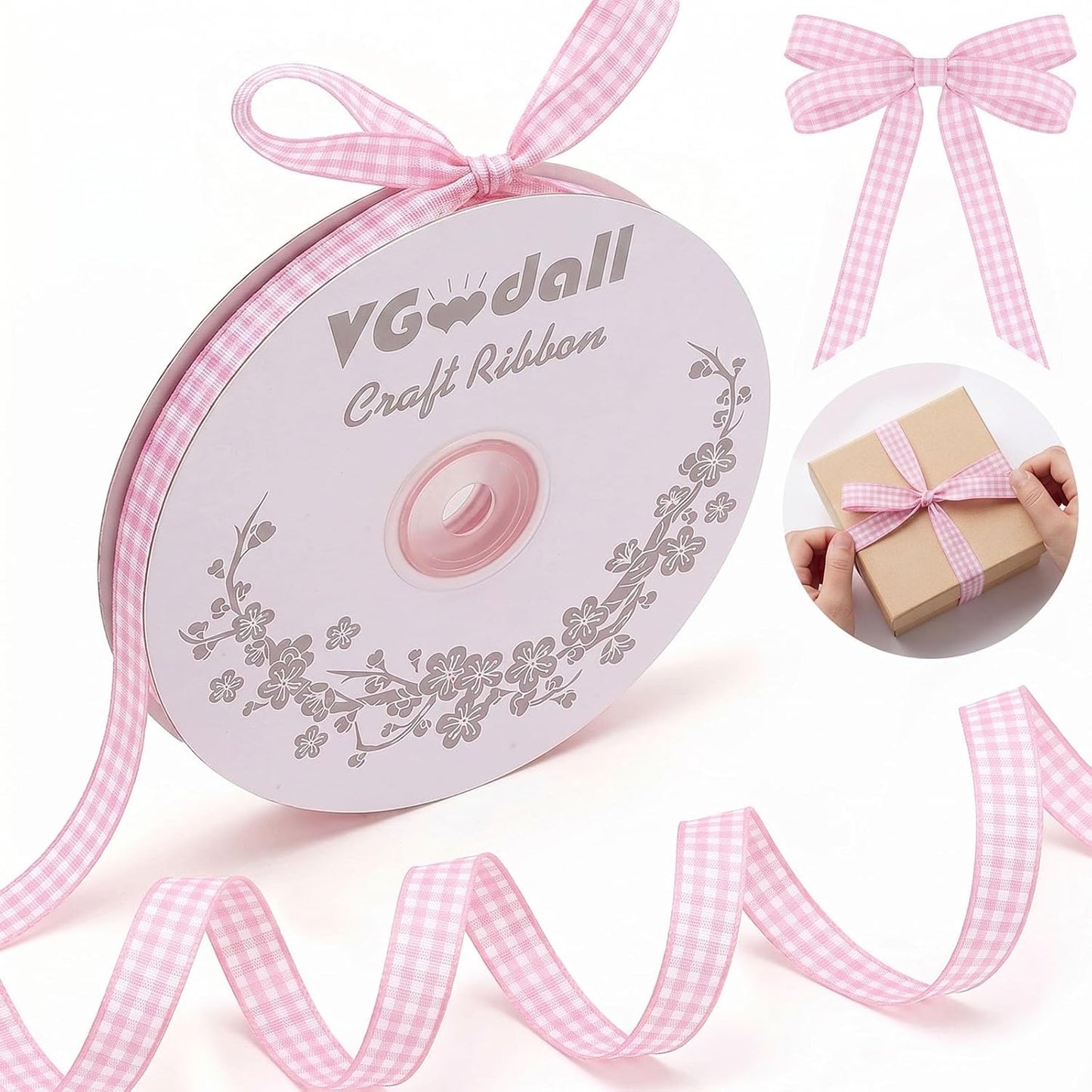 Pink Gingham Ribbon, 3/8" x 50Yd Pink and White Thin Crafts Ribbon Buffalo Checker Ribbons for Hair Accessories Picnic School and Birthday Gift Wrapping