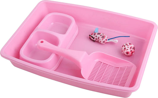 Newborn Small Cat Litter Box Kit for Kittens – 5‑Piece Kit with Low Entry Litter Pan, Scooper, Feeding Bowls & Mouse Toy – Cat Starter Set for New Kitty Home, Pink