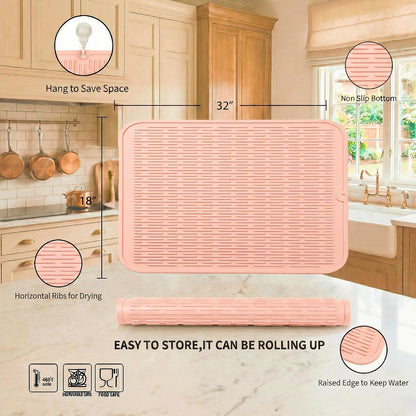 Silicone Dish Drying Mat for Multiple Usage,Easy clean,Eco-friendly,Heat-resistant Silicone Mat for Kitchen Counter or Sink,Refrigerator or Drawer Liner Pink 4XL 32 inches x 18 inches