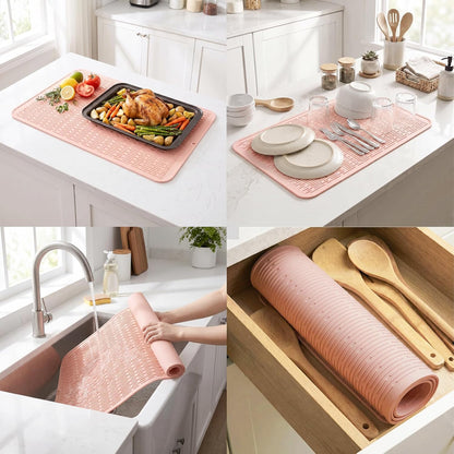 Silicone Dish Drying Mat for Multiple Usage,Easy clean,Eco-friendly,Heat-resistant Silicone Mat for Kitchen Counter or Sink,Refrigerator or Drawer Liner Pink 4XL 32 inches x 18 inches