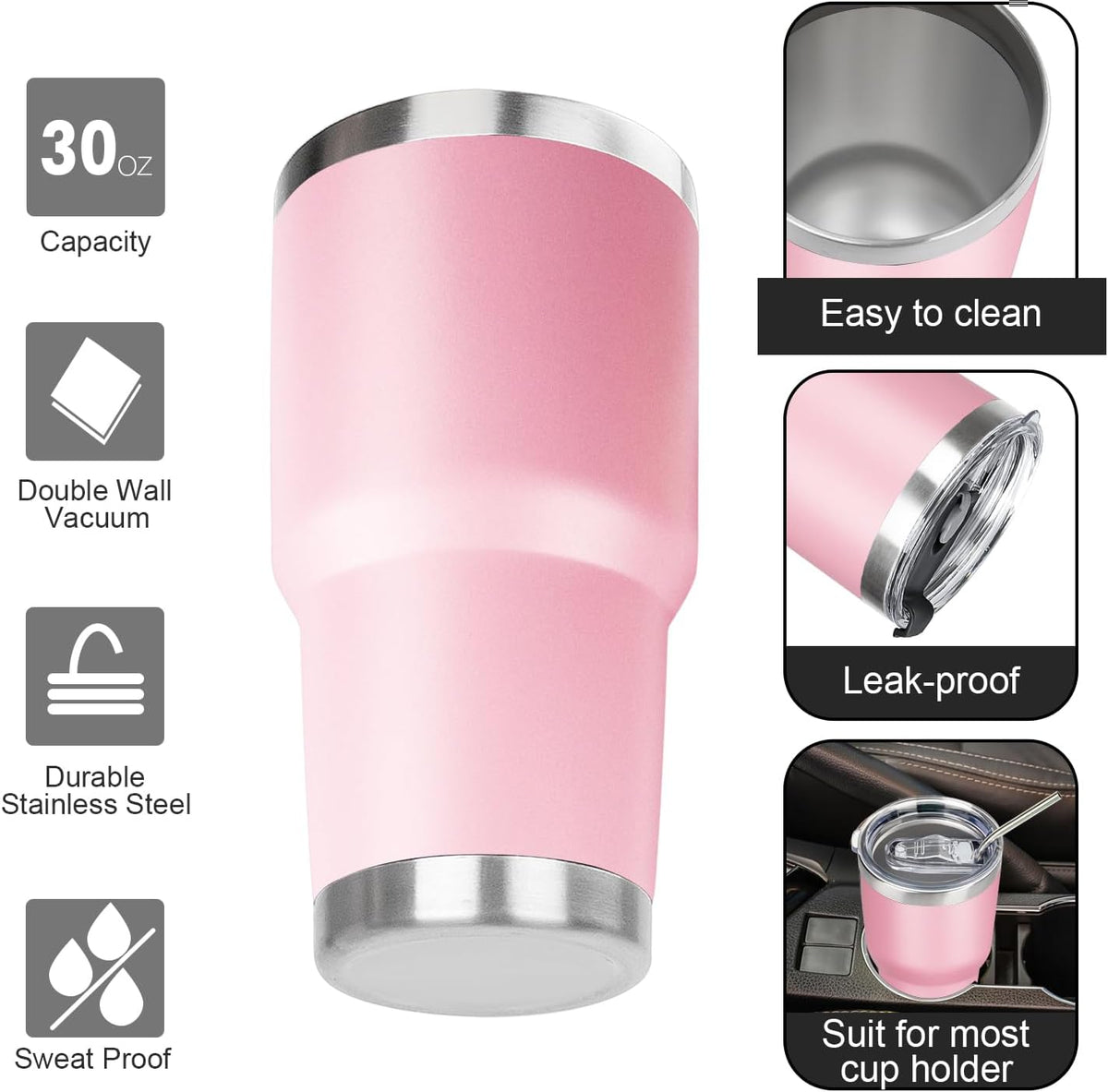 30 oz Tumbler with Lids and Straws Double Wall Vacuum Insulated Tumbler Cup,Stainless Steel Leak-proof Thermal Tumbler Travel Coffee Mug for Cold and Hot Drinks,Sakura Pink