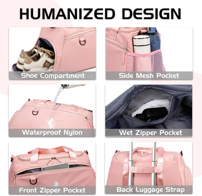 Gym Bag for Women & Men Lightweight Travel Duffle Bag with Shoe & Wet Compartment - for Travel, Sports, Dance, Yoga & Swimming Workout, Gifts for Women, Pink