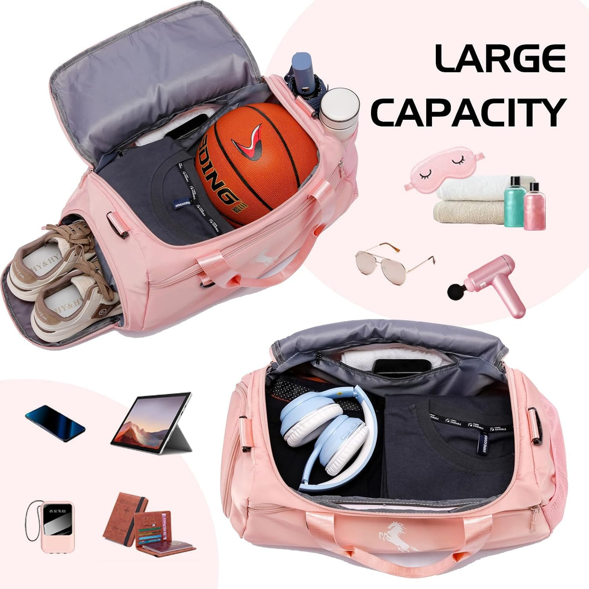 Gym Bag for Women & Men Lightweight Travel Duffle Bag with Shoe & Wet Compartment - for Travel, Sports, Dance, Yoga & Swimming Workout, Gifts for Women, Pink