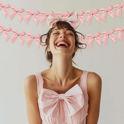 2pcs Bow Garland Banner, Ribbon Bow Party Decorations for Baby Shower Girls Bow Coquette Birthday Party Decor (Peach Pink)