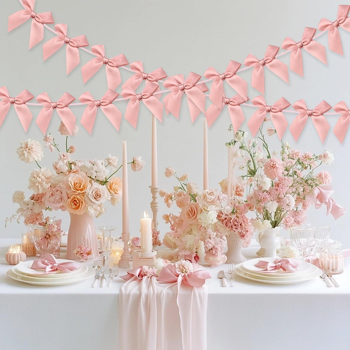 2pcs Bow Garland Banner, Ribbon Bow Party Decorations for Baby Shower Girls Bow Coquette Birthday Party Decor (Peach Pink)
