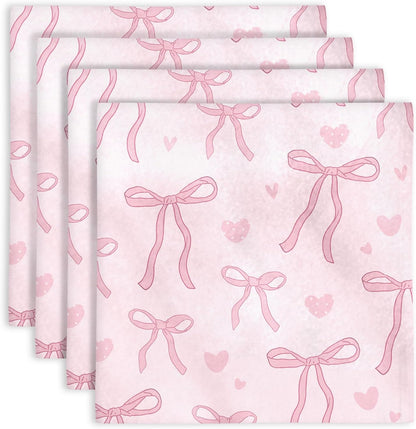 Pink Bow Print Napkins Set of 4, 18x18 Inch Soft Absorbent Washable Reusable Cloth Napkins, Bow Gifts for Bows Lovers, Girls, Bridal Shower, Tea Party & Kitchen Table Decor