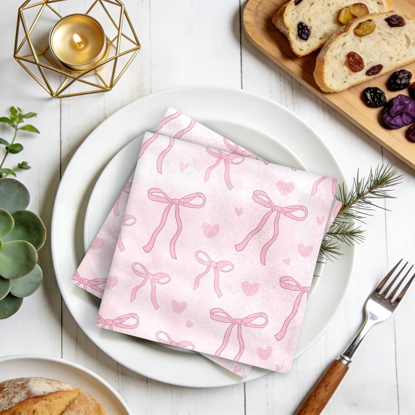 Pink Bow Print Napkins Set of 4, 18x18 Inch Soft Absorbent Washable Reusable Cloth Napkins, Bow Gifts for Bows Lovers, Girls, Bridal Shower, Tea Party & Kitchen Table Decor