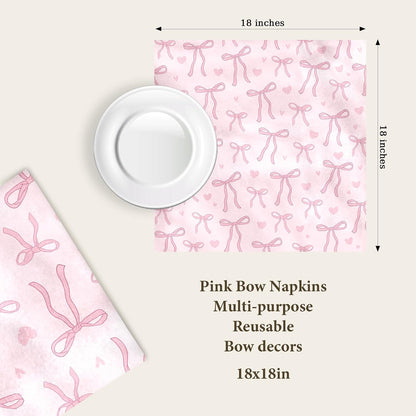 Pink Bow Print Napkins Set of 4, 18x18 Inch Soft Absorbent Washable Reusable Cloth Napkins, Bow Gifts for Bows Lovers, Girls, Bridal Shower, Tea Party & Kitchen Table Decor