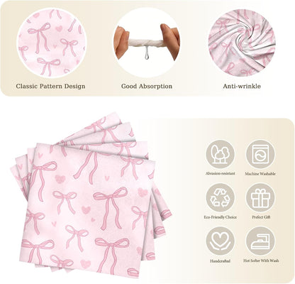 Pink Bow Print Napkins Set of 4, 18x18 Inch Soft Absorbent Washable Reusable Cloth Napkins, Bow Gifts for Bows Lovers, Girls, Bridal Shower, Tea Party & Kitchen Table Decor