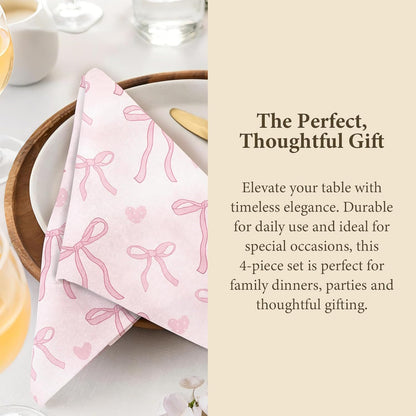 Pink Bow Print Napkins Set of 4, 18x18 Inch Soft Absorbent Washable Reusable Cloth Napkins, Bow Gifts for Bows Lovers, Girls, Bridal Shower, Tea Party & Kitchen Table Decor