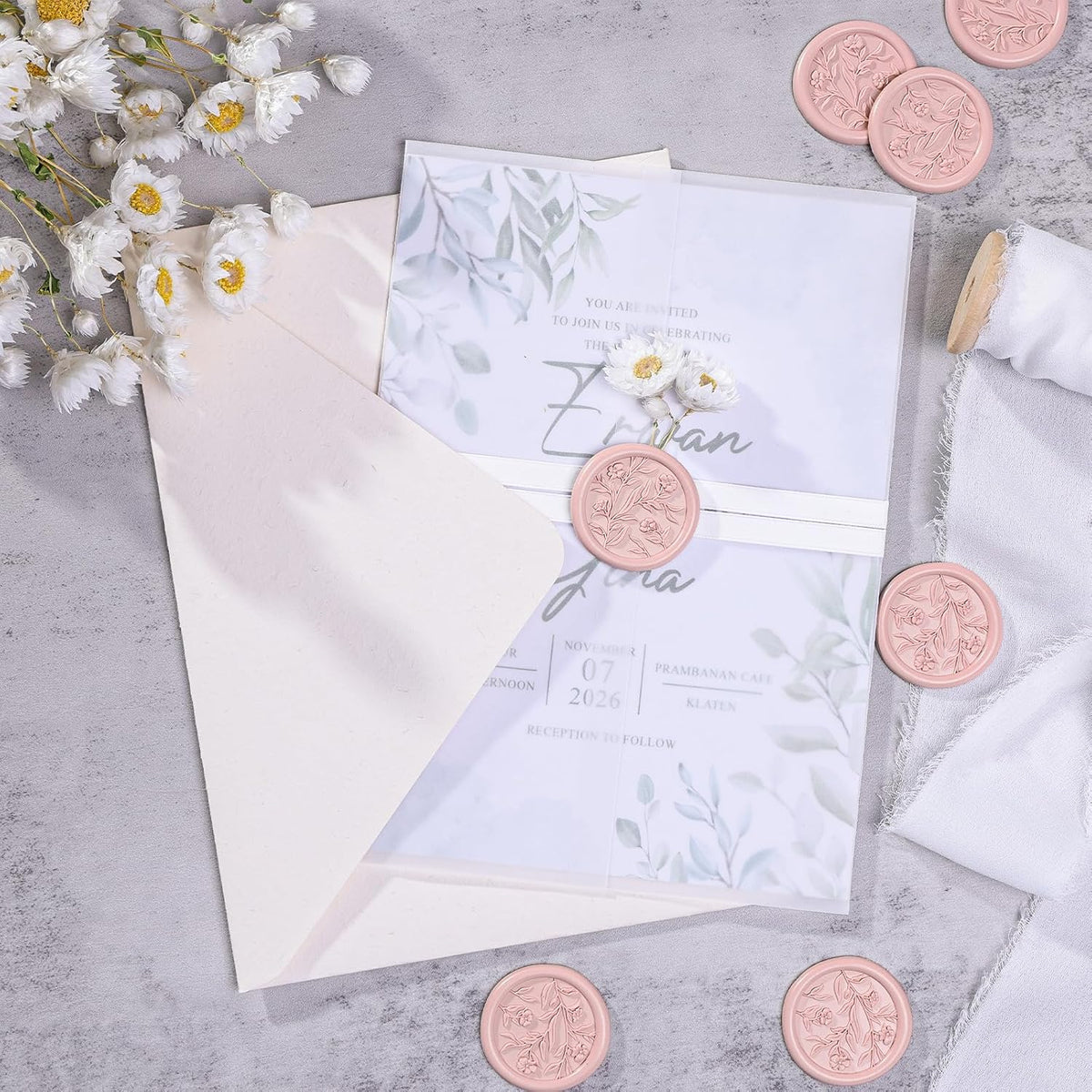 Wax Seal Stickers - 3D Floral Wedding Invitation Envelope Seal Sticker, 50 Pcs Self- Adhesive Flower Blush Pink Stickers, Perfect for Invitation, Christmas, Gift Wrapping