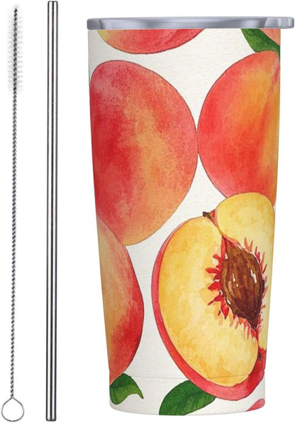 20oz Tumbler Stainless Steel Insulated Travel Tumblers Leakproof Travel Coffee Mug With Lid And Straw Watercolor Peach Drink Tumbler Cups Gifts For Women Men Lovers