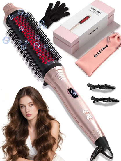 Infrared Thermal Brush 1.65”, 100M Negative Ions 2-in-1 Curling, Straightening & Smoothing Round Brush, 6 Heat Settings with LED Display, Lightweight Quiet, Dual Voltage, Auto Shut-Off, Pink Gift Box