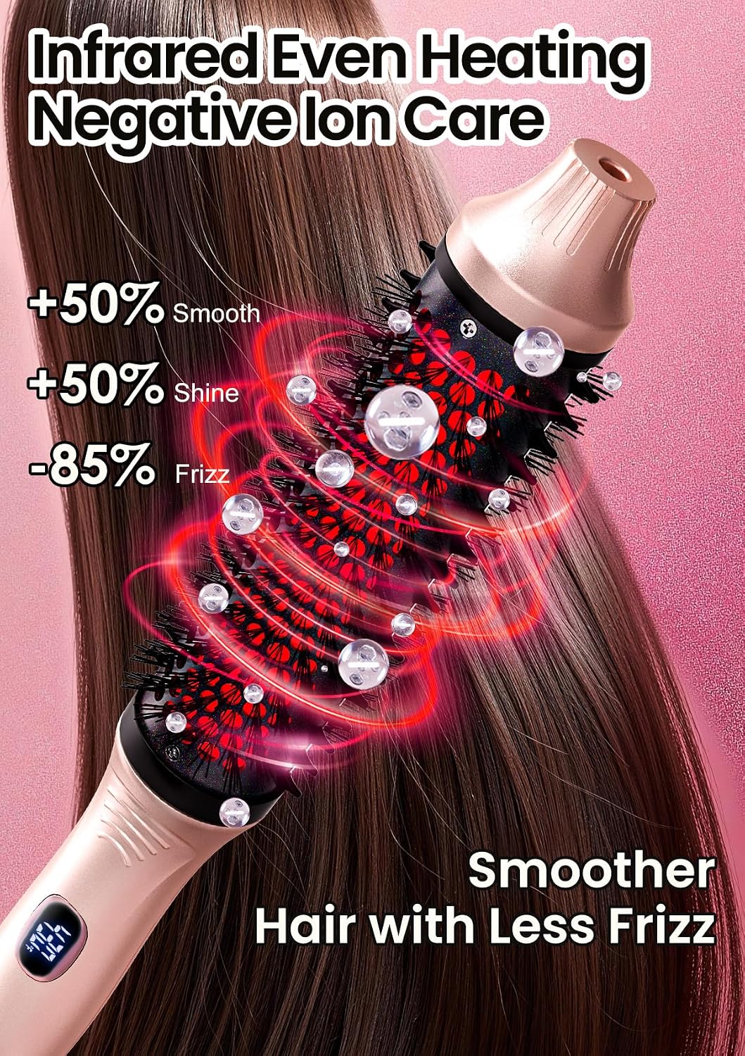 Infrared Thermal Brush 1.65”, 100M Negative Ions 2-in-1 Curling, Straightening & Smoothing Round Brush, 6 Heat Settings with LED Display, Lightweight Quiet, Dual Voltage, Auto Shut-Off, Pink Gift Box