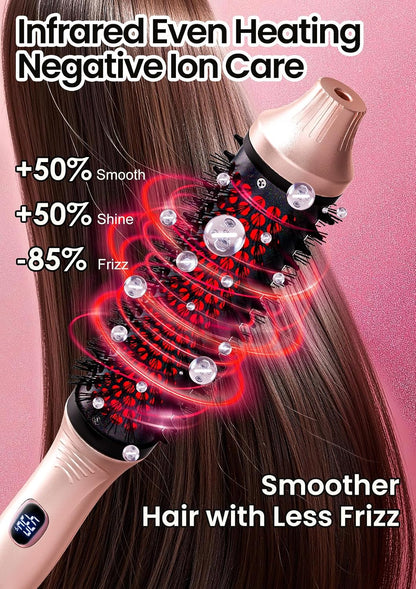 Infrared Thermal Brush 1.65”, 100M Negative Ions 2-in-1 Curling, Straightening & Smoothing Round Brush, 6 Heat Settings with LED Display, Lightweight Quiet, Dual Voltage, Auto Shut-Off, Pink Gift Box