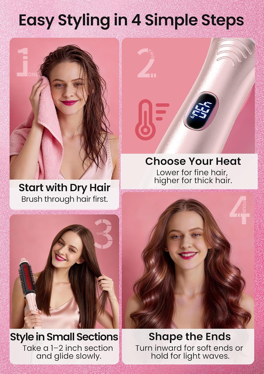 Infrared Thermal Brush 1.65”, 100M Negative Ions 2-in-1 Curling, Straightening & Smoothing Round Brush, 6 Heat Settings with LED Display, Lightweight Quiet, Dual Voltage, Auto Shut-Off, Pink Gift Box