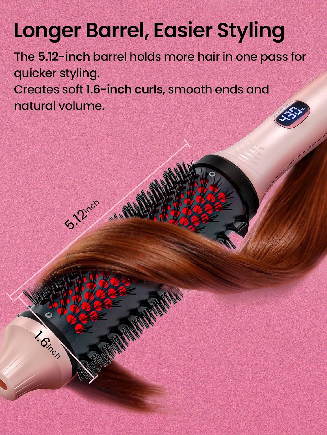 Infrared Thermal Brush 1.65”, 100M Negative Ions 2-in-1 Curling, Straightening & Smoothing Round Brush, 6 Heat Settings with LED Display, Lightweight Quiet, Dual Voltage, Auto Shut-Off, Pink Gift Box