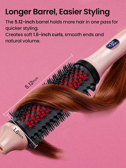 Infrared Thermal Brush 1.65”, 100M Negative Ions 2-in-1 Curling, Straightening & Smoothing Round Brush, 6 Heat Settings with LED Display, Lightweight Quiet, Dual Voltage, Auto Shut-Off, Pink Gift Box