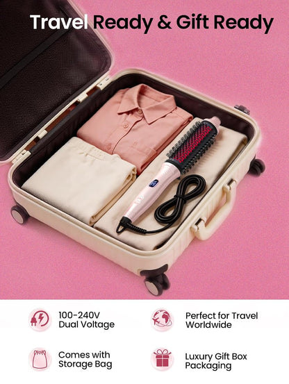 Infrared Thermal Brush 1.65”, 100M Negative Ions 2-in-1 Curling, Straightening & Smoothing Round Brush, 6 Heat Settings with LED Display, Lightweight Quiet, Dual Voltage, Auto Shut-Off, Pink Gift Box