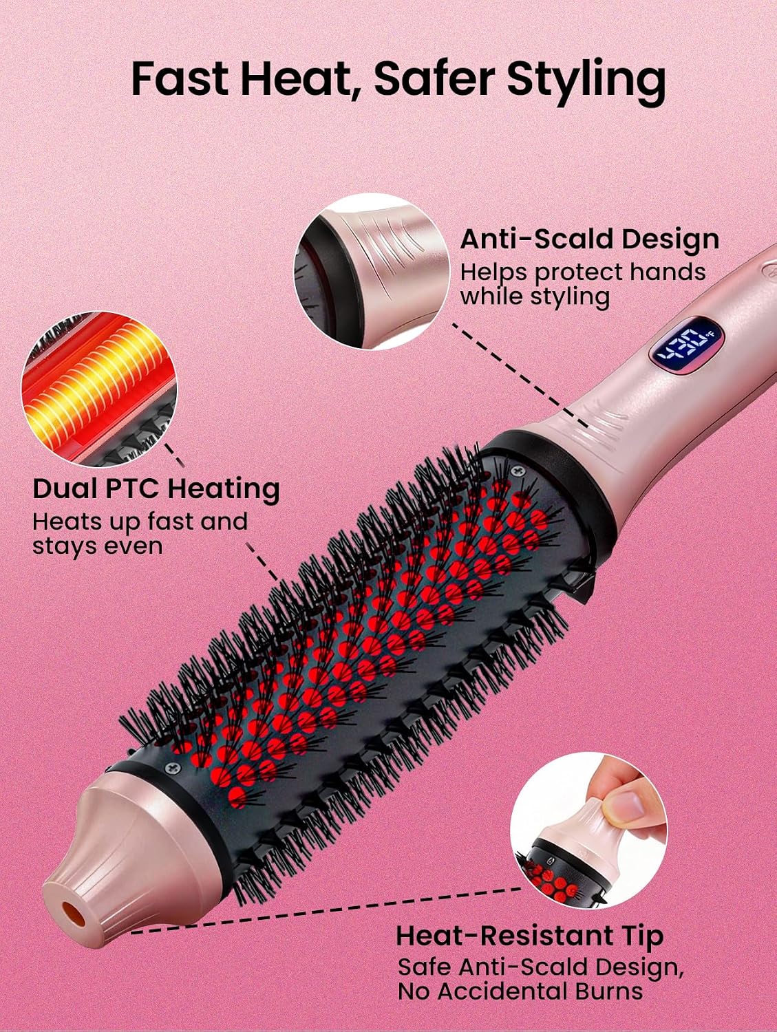 Infrared Thermal Brush 1.65”, 100M Negative Ions 2-in-1 Curling, Straightening & Smoothing Round Brush, 6 Heat Settings with LED Display, Lightweight Quiet, Dual Voltage, Auto Shut-Off, Pink Gift Box