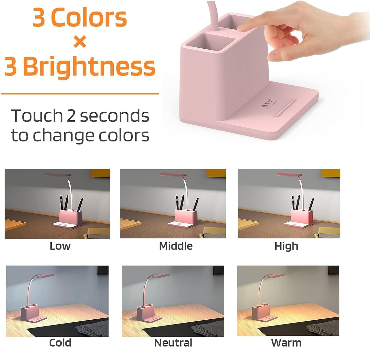 AXX Cute Desk Lamp, Pink Table Light for Women, Teen Girls, Adjustable LED, Small, Rechargeable, Battery Operated, Touch Control, Gooseneck, Home Office Accessories, College Dorm Essentials