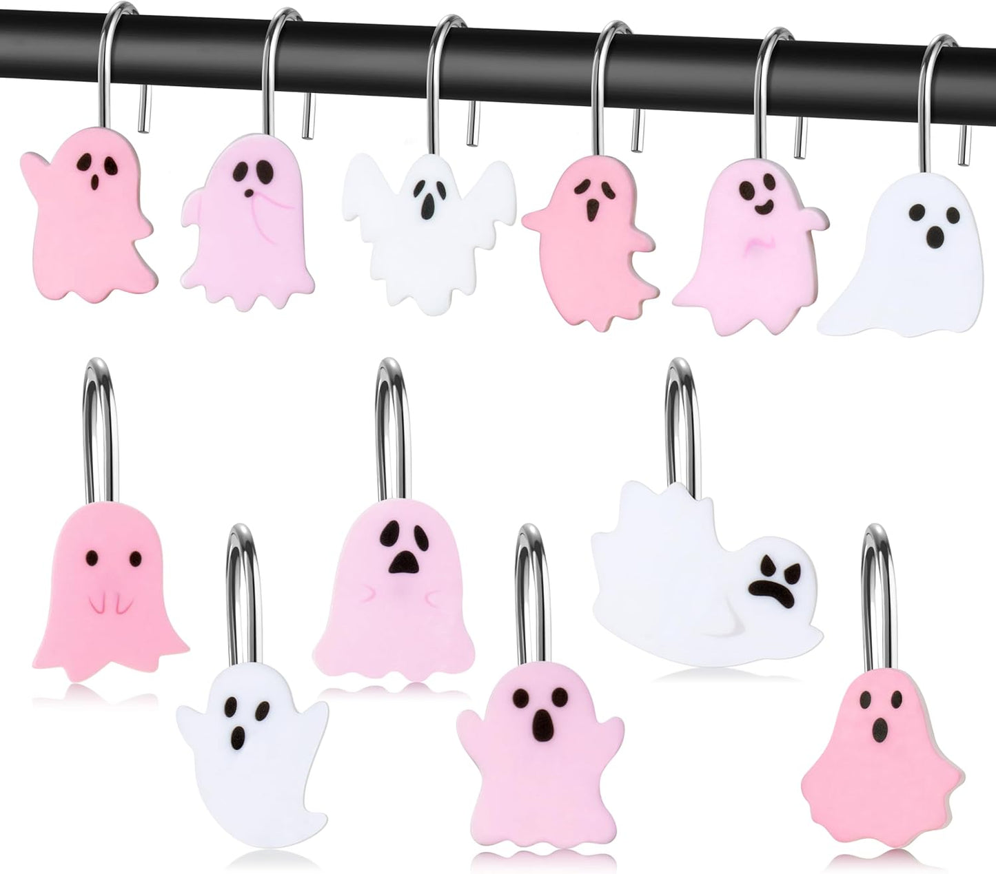 Halloween Shower Curtain Hooks - 12Pcs Pink Boo Decorative Hangers Metal Rustproof Bathroom Horror Gothic Decor Pendants Accessories with Cute Ghost Nightmare Spooky Stainless Curtains Rings