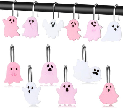 Halloween Shower Curtain Hooks - 12Pcs Pink Boo Decorative Hangers Metal Rustproof Bathroom Horror Gothic Decor Pendants Accessories with Cute Ghost Nightmare Spooky Stainless Curtains Rings