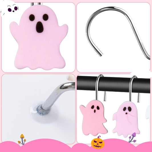 Halloween Shower Curtain Hooks - 12Pcs Pink Boo Decorative Hangers Metal Rustproof Bathroom Horror Gothic Decor Pendants Accessories with Cute Ghost Nightmare Spooky Stainless Curtains Rings