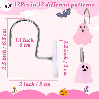 Halloween Shower Curtain Hooks - 12Pcs Pink Boo Decorative Hangers Metal Rustproof Bathroom Horror Gothic Decor Pendants Accessories with Cute Ghost Nightmare Spooky Stainless Curtains Rings