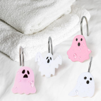 Halloween Shower Curtain Hooks - 12Pcs Pink Boo Decorative Hangers Metal Rustproof Bathroom Horror Gothic Decor Pendants Accessories with Cute Ghost Nightmare Spooky Stainless Curtains Rings