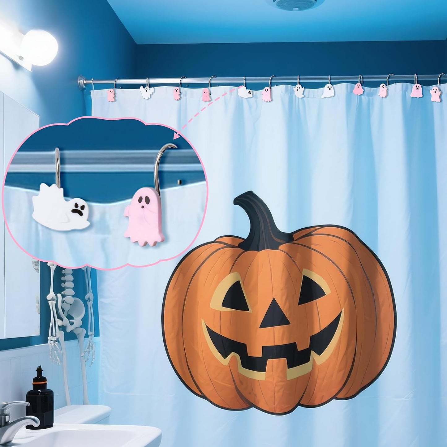 Halloween Shower Curtain Hooks - 12Pcs Pink Boo Decorative Hangers Metal Rustproof Bathroom Horror Gothic Decor Pendants Accessories with Cute Ghost Nightmare Spooky Stainless Curtains Rings