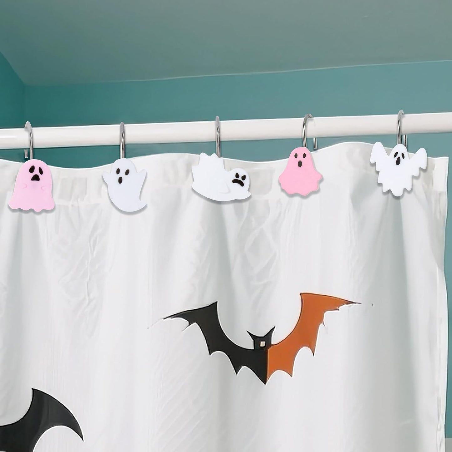 Halloween Shower Curtain Hooks - 12Pcs Pink Boo Decorative Hangers Metal Rustproof Bathroom Horror Gothic Decor Pendants Accessories with Cute Ghost Nightmare Spooky Stainless Curtains Rings