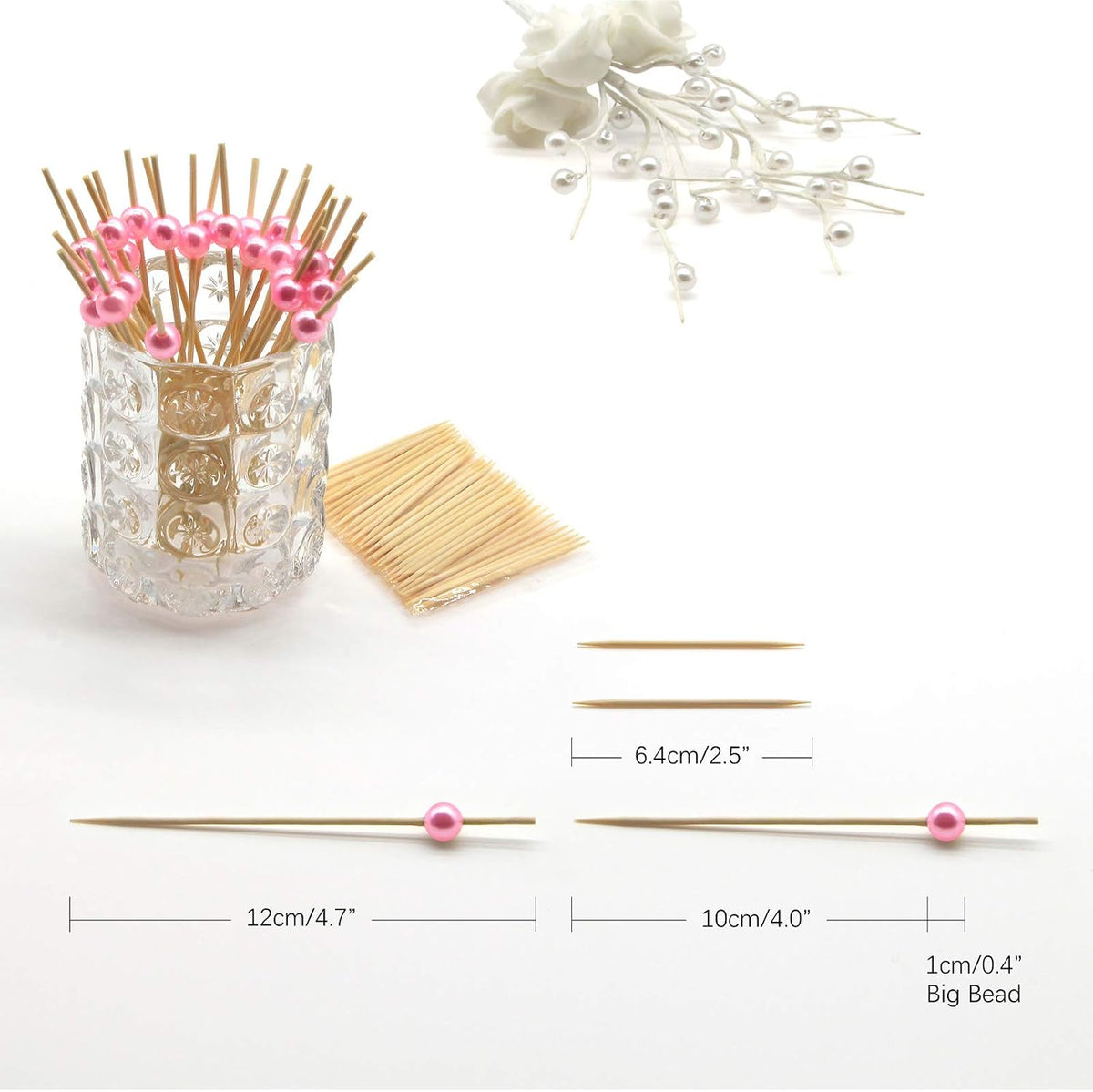 Pink Pearl Bamboo Cocktail Picks, Decorative Appetizer Toothpicks