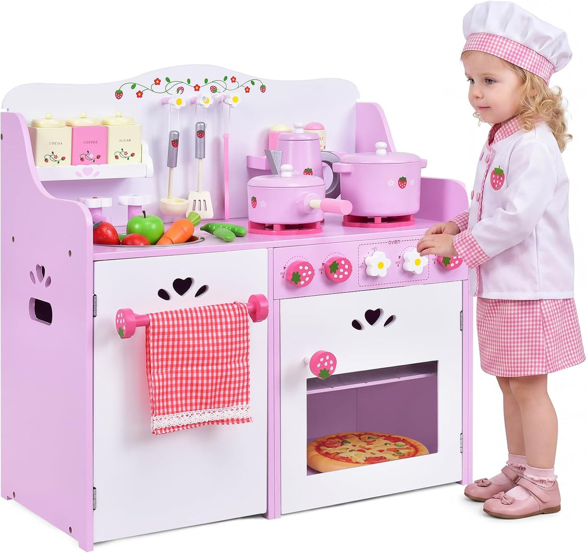 Kids Kitchen Playset, Wooden Pink Strawberry Themed Pretend Toy Set with 13-Pieces Cookware, Realistic Sound, Pot, Pan, Sink, Oven, Kitchen Set Gift for Toddlers, Girls