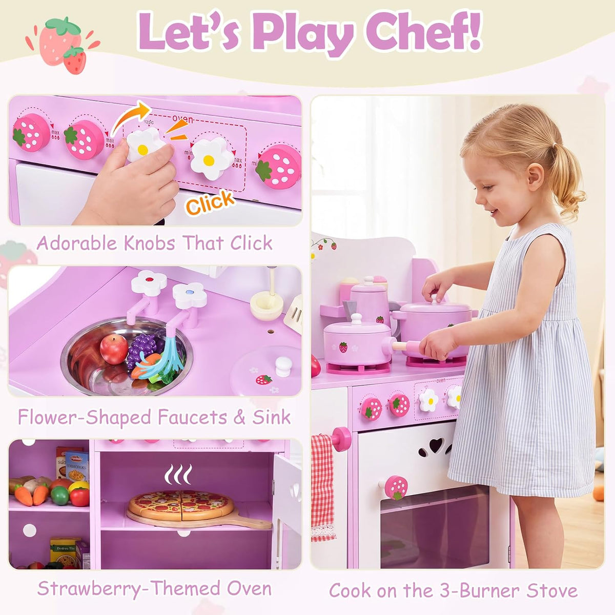 Kids Kitchen Playset, Wooden Pink Strawberry Themed Pretend Toy Set with 13-Pieces Cookware, Realistic Sound, Pot, Pan, Sink, Oven, Kitchen Set Gift for Toddlers, Girls