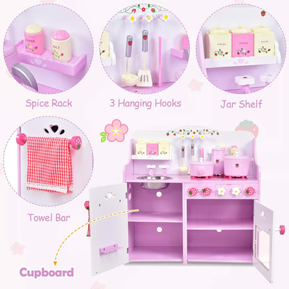 Kids Kitchen Playset, Wooden Pink Strawberry Themed Pretend Toy Set with 13-Pieces Cookware, Realistic Sound, Pot, Pan, Sink, Oven, Kitchen Set Gift for Toddlers, Girls