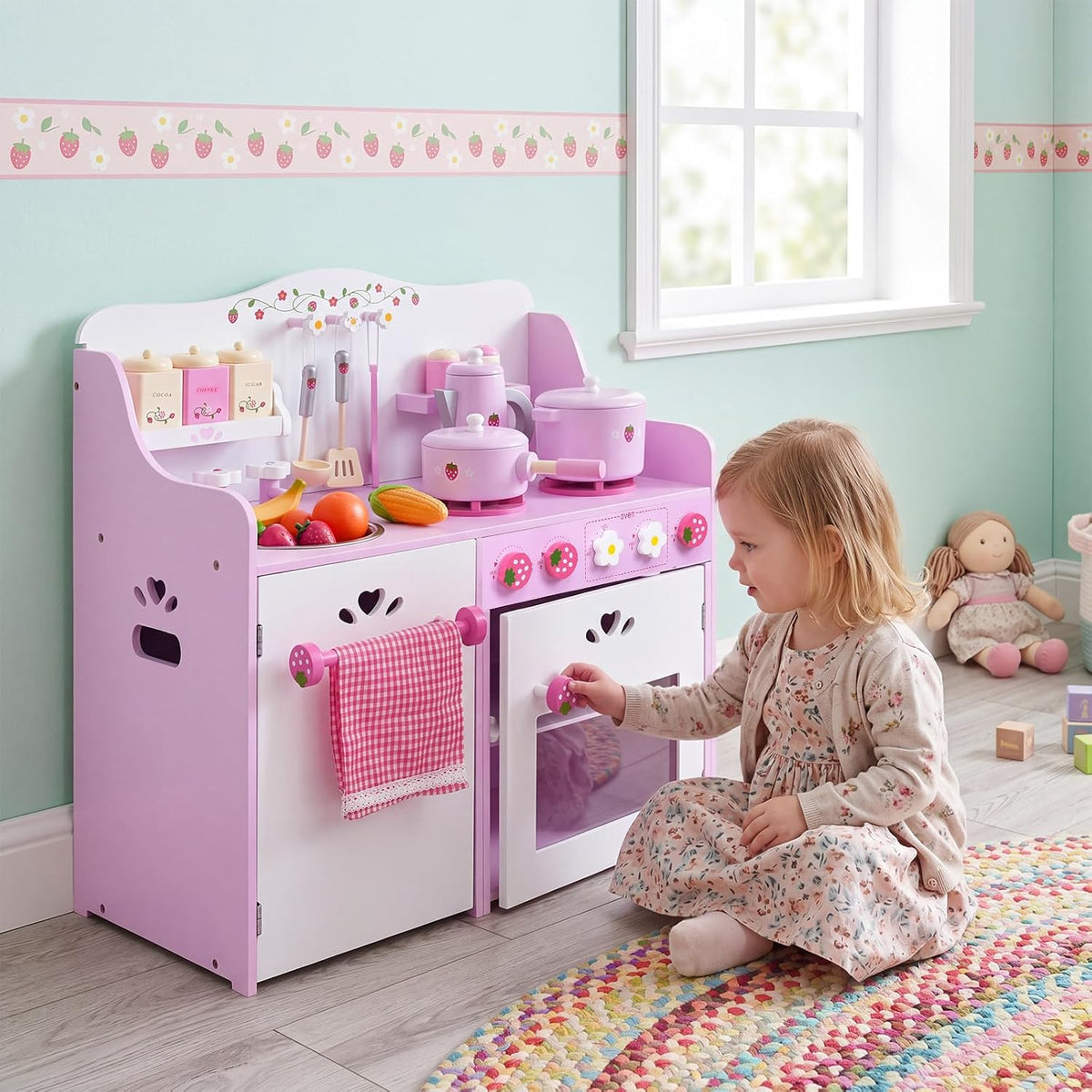 Kids Kitchen Playset, Wooden Pink Strawberry Themed Pretend Toy Set with 13-Pieces Cookware, Realistic Sound, Pot, Pan, Sink, Oven, Kitchen Set Gift for Toddlers, Girls