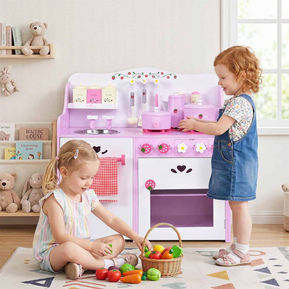 Kids Kitchen Playset, Wooden Pink Strawberry Themed Pretend Toy Set with 13-Pieces Cookware, Realistic Sound, Pot, Pan, Sink, Oven, Kitchen Set Gift for Toddlers, Girls