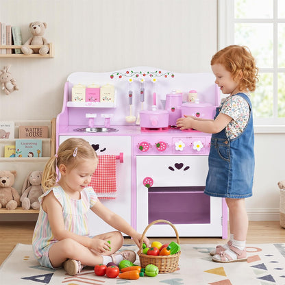 Kids Kitchen Playset, Wooden Pink Strawberry Themed Pretend Toy Set with 13-Pieces Cookware, Realistic Sound, Pot, Pan, Sink, Oven, Kitchen Set Gift for Toddlers, Girls