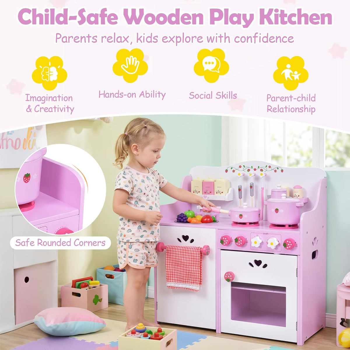 Kids Kitchen Playset, Wooden Pink Strawberry Themed Pretend Toy Set with 13-Pieces Cookware, Realistic Sound, Pot, Pan, Sink, Oven, Kitchen Set Gift for Toddlers, Girls