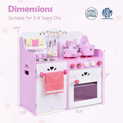 Kids Kitchen Playset, Wooden Pink Strawberry Themed Pretend Toy Set with 13-Pieces Cookware, Realistic Sound, Pot, Pan, Sink, Oven, Kitchen Set Gift for Toddlers, Girls
