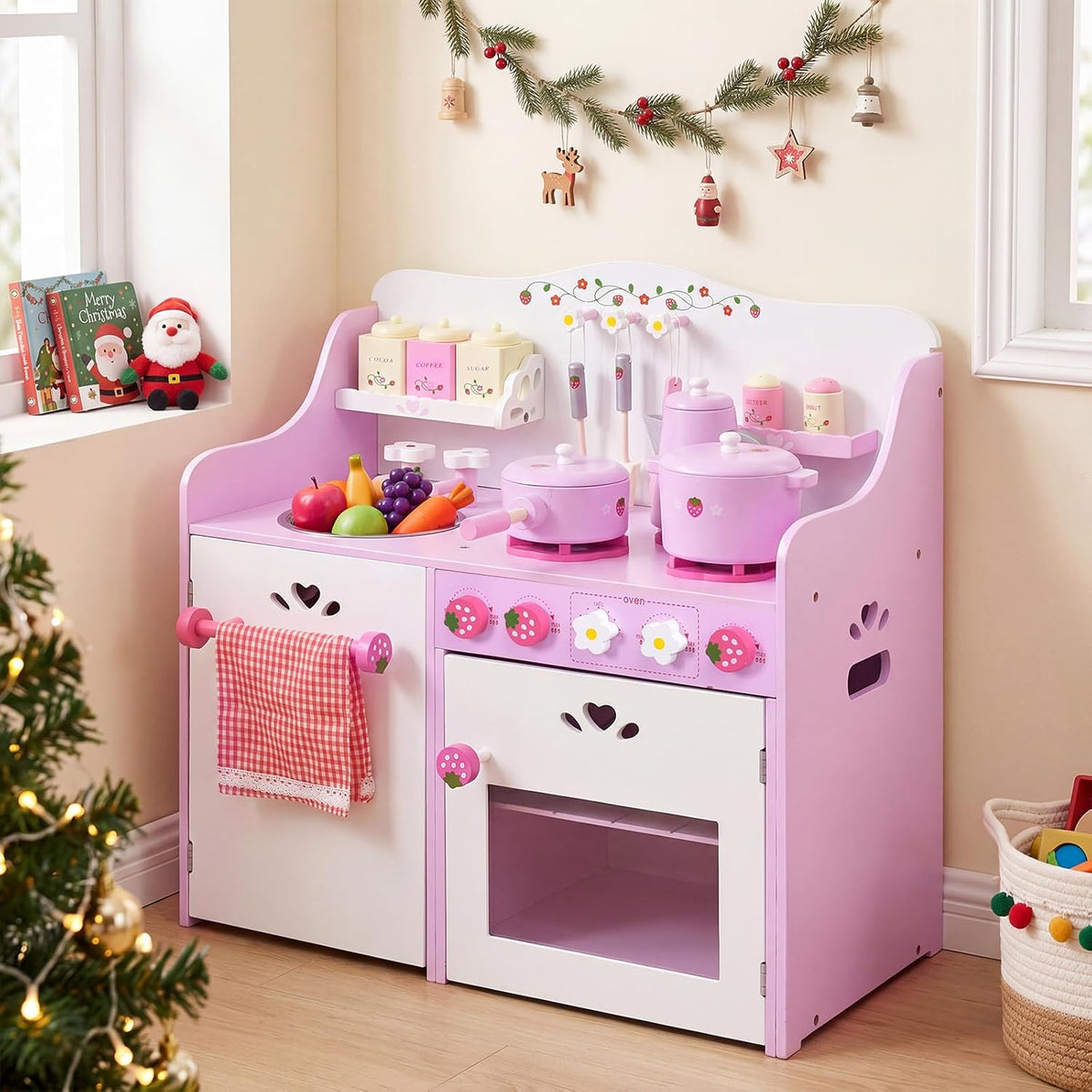 Kids Kitchen Playset, Wooden Pink Strawberry Themed Pretend Toy Set with 13-Pieces Cookware, Realistic Sound, Pot, Pan, Sink, Oven, Kitchen Set Gift for Toddlers, Girls