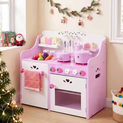 Kids Kitchen Playset, Wooden Pink Strawberry Themed Pretend Toy Set with 13-Pieces Cookware, Realistic Sound, Pot, Pan, Sink, Oven, Kitchen Set Gift for Toddlers, Girls