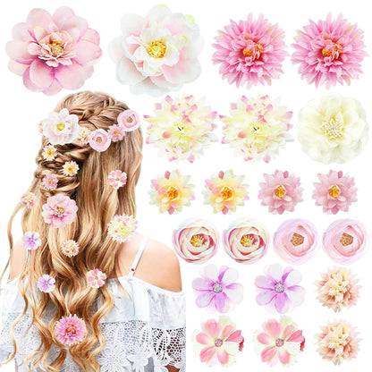21 PCS Flowers Hair Accessories Women Boho Hair Barrettes Clips Girls Pink Purple Floral Rose Bride Headpiece Wedding Festival(PINK & PURPLE)