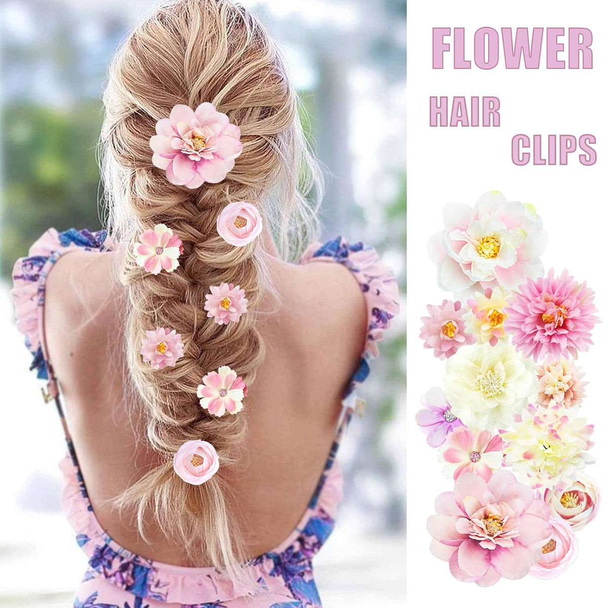 21 PCS Flowers Hair Accessories Women Boho Hair Barrettes Clips Girls Pink Purple Floral Rose Bride Headpiece Wedding Festival(PINK & PURPLE)