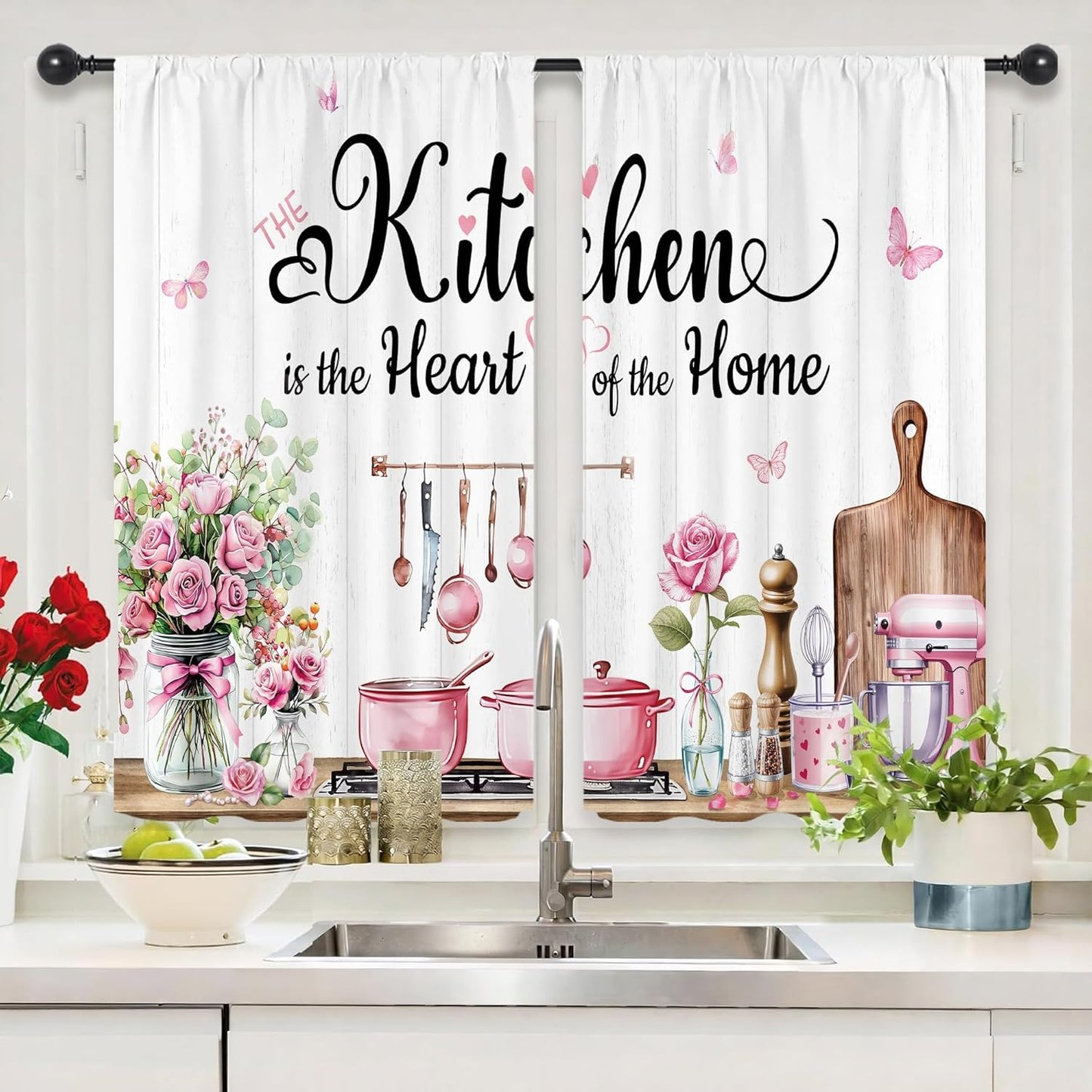 Pink Rose Eucaltptus Kitchen Curtains Short Small Kitchenware Spring Butterfly Rod Pocket Funny Quotes Plants Botanical Bedroom Living Room Treatment Fabric 2 Panels 27.5Wx39H Inch