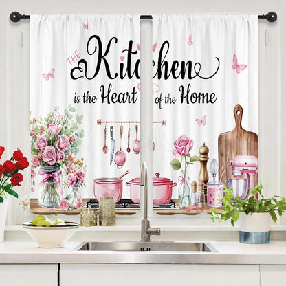Pink Rose Eucaltptus Kitchen Curtains Short Small Kitchenware Spring Butterfly Rod Pocket Funny Quotes Plants Botanical Bedroom Living Room Treatment Fabric 2 Panels 27.5Wx39H Inch