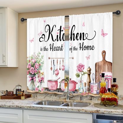 Pink Rose Eucaltptus Kitchen Curtains Short Small Kitchenware Spring Butterfly Rod Pocket Funny Quotes Plants Botanical Bedroom Living Room Treatment Fabric 2 Panels 27.5Wx39H Inch