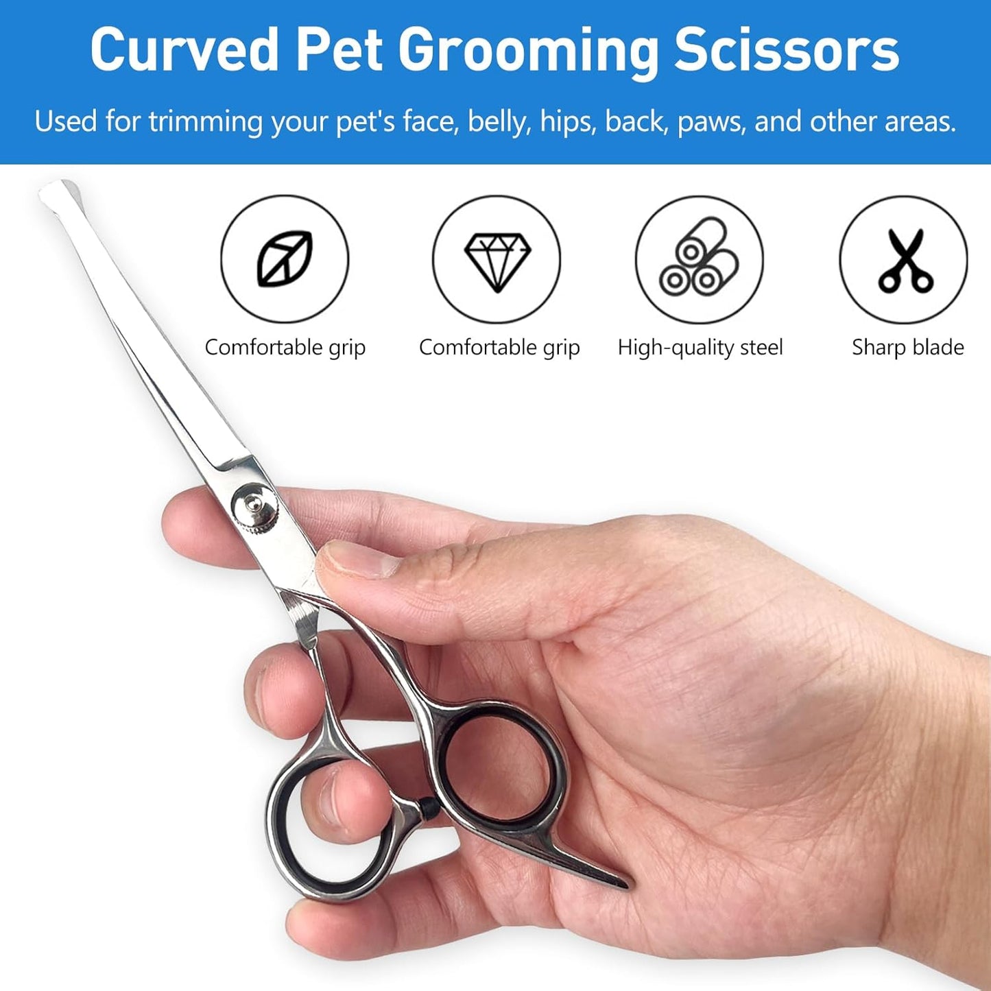 Professional Curved Dog Grooming Scissors with Rounded Tips, Cat Shears, 4CR Stainless Steel Curved Blades, Pet Home Grooming Tools